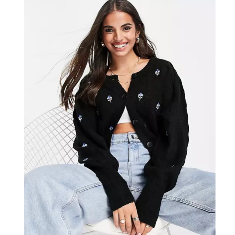 ASOS Design Cable Cardigan with Embroidered Flowers in Black